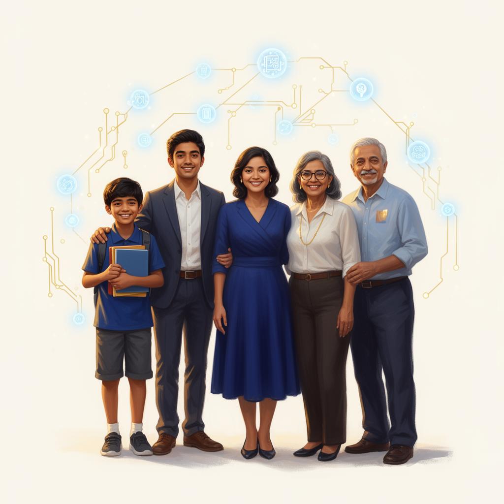 A Telugu family — student, working professional, teacher, and business owner — connected through modern AI